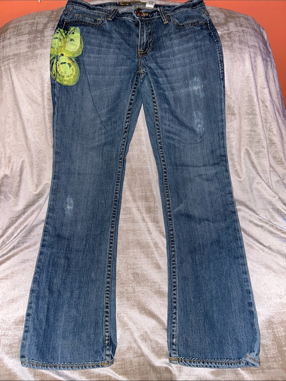 Old Navy Blue Wide Leg Jeans with Lime Green Embroidered Detail